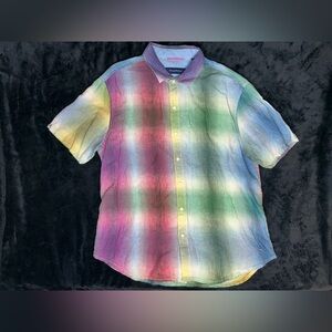 Tommy Bahama Shirt Men's XL Kaleidoscope Breezer Blue Danube 100% Linen Rainbow